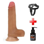 18 cm Belden Bağlamalı Çift Katmanlı Realistik Melez Penis + Kemer + Kayganlaştırıcı Hediyeli