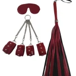 Kırmızı Fetish Fantezi Seti - 4'lü Kelepçe Kırbaç Göz Bandı