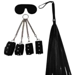 Siyah Fetish Fantezi Seti - 4&apos;lü Kelepçe Kırbaç Göz Bandı